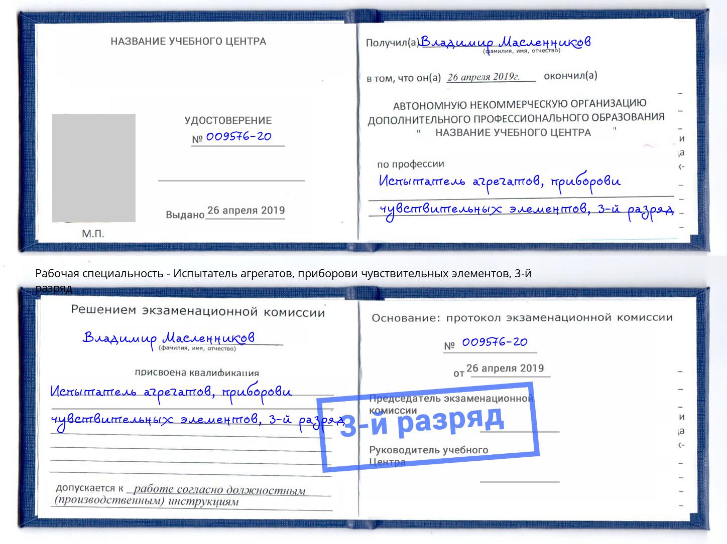 корочка 3-й разряд Испытатель агрегатов, приборови чувствительных элементов Рязань