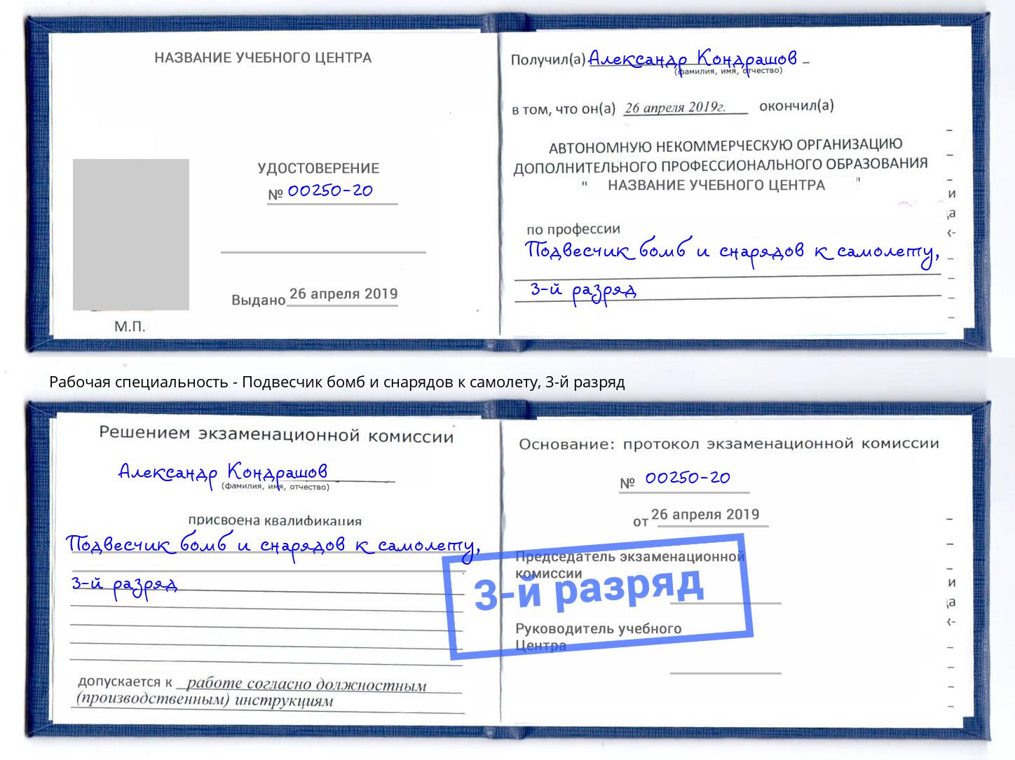 корочка 3-й разряд Подвесчик бомб и снарядов к самолету Рязань