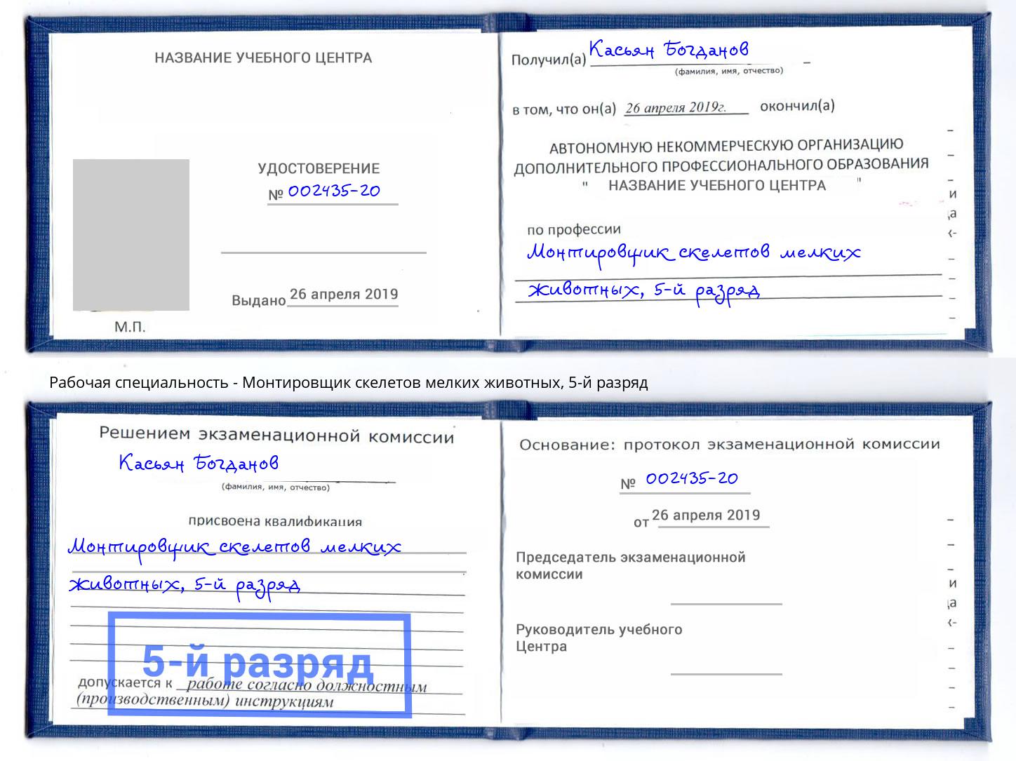 корочка 5-й разряд Монтировщик скелетов мелких животных Рязань