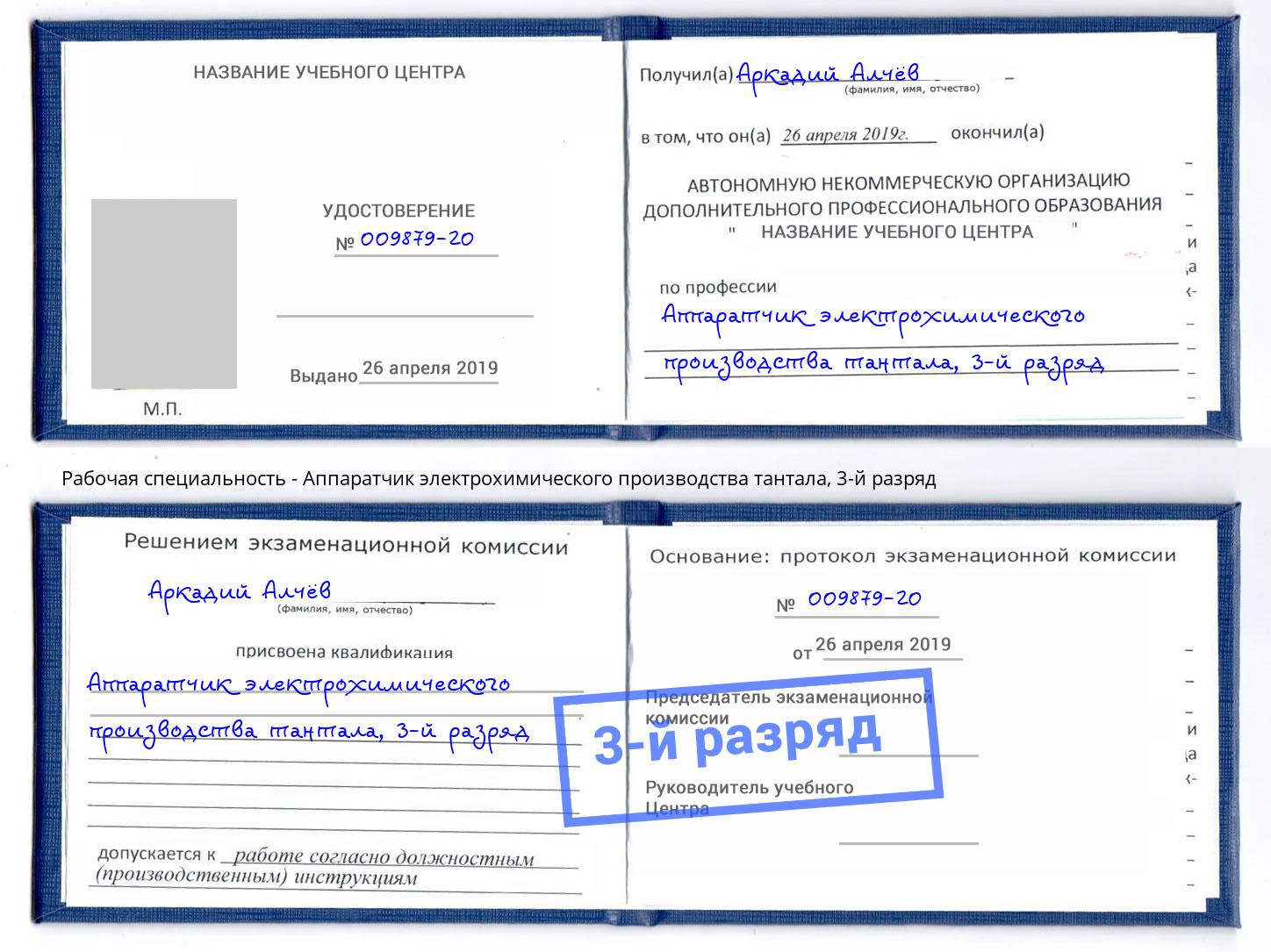 корочка 3-й разряд Аппаратчик электрохимического производства тантала Рязань