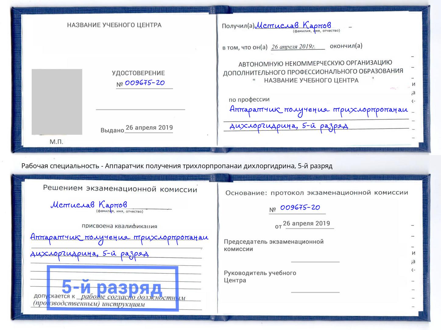 корочка 5-й разряд Аппаратчик получения трихлорпропанаи дихлоргидрина Рязань